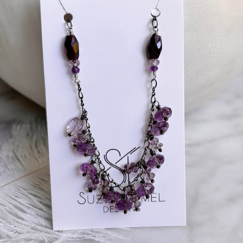 Necklace - amethyst + garnet Cluster