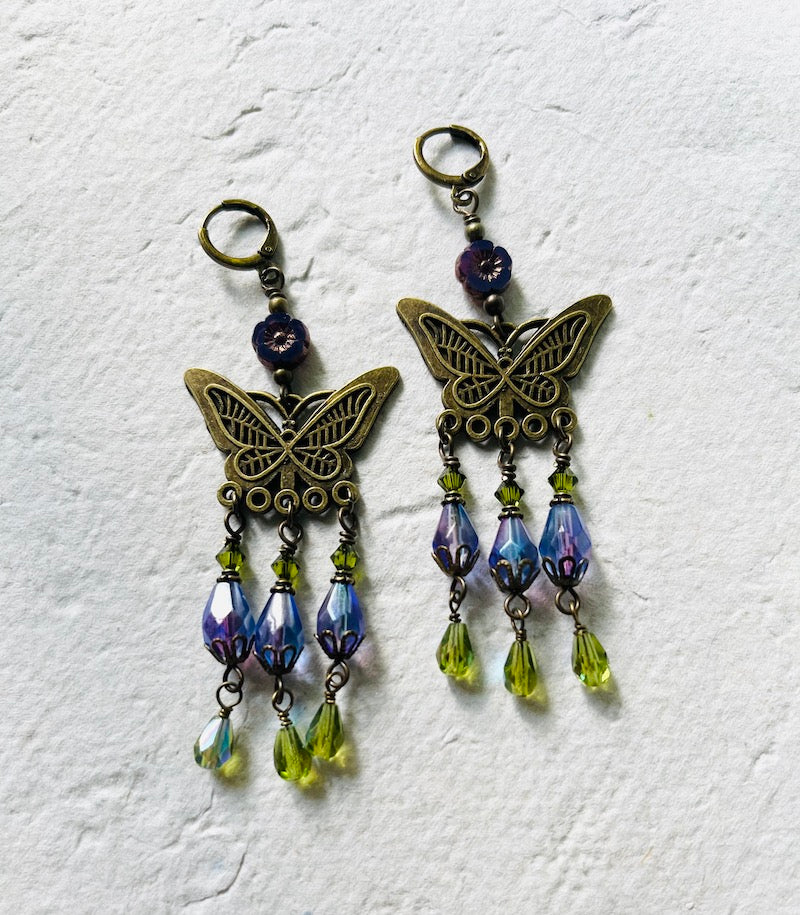Earrings - Art Nouveau Butterfly | Purple + Green Chandelier