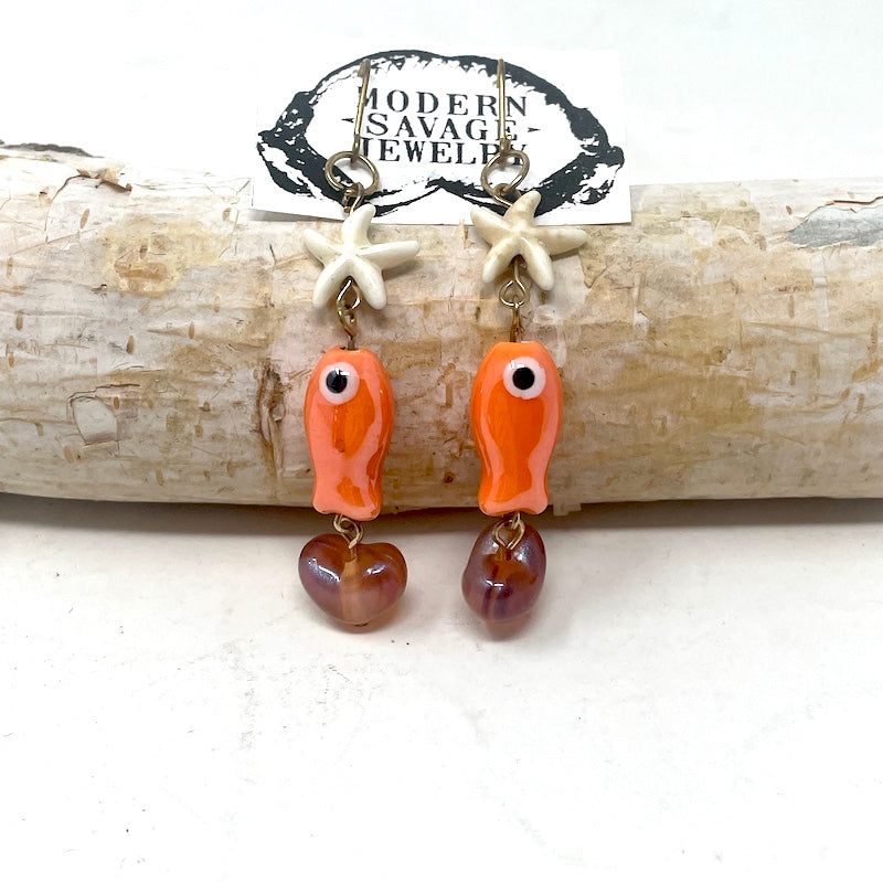 Earrings - Orange Fish with Starfish