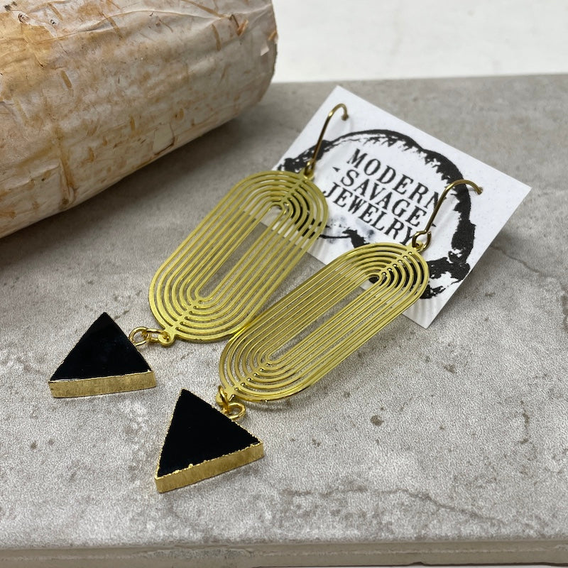 Earrings - Onyx Brass Ovals