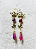 Earrings - Gold + Pink Lotus Flowers