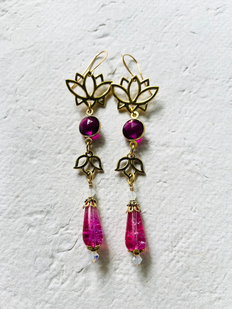 Earrings - Gold + Pink Lotus Flowers