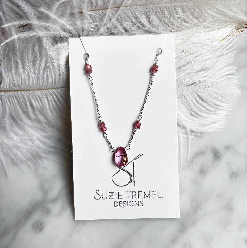 Necklace - Pink Topaz Beaded Pendant