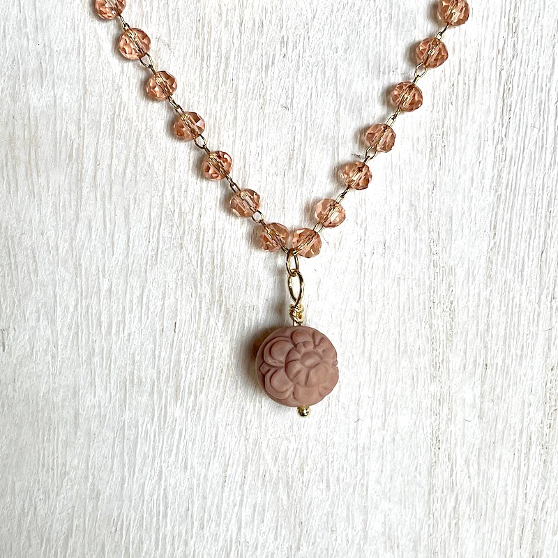 Necklace - Pink Crystal W/Carved Agate