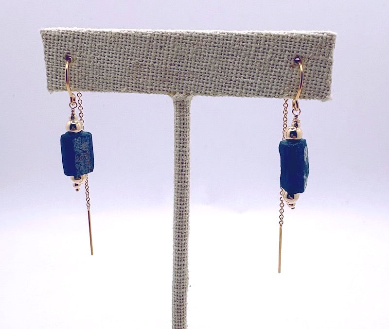 Earrings -Deep Blue Threader (Ancient Roman Glass)