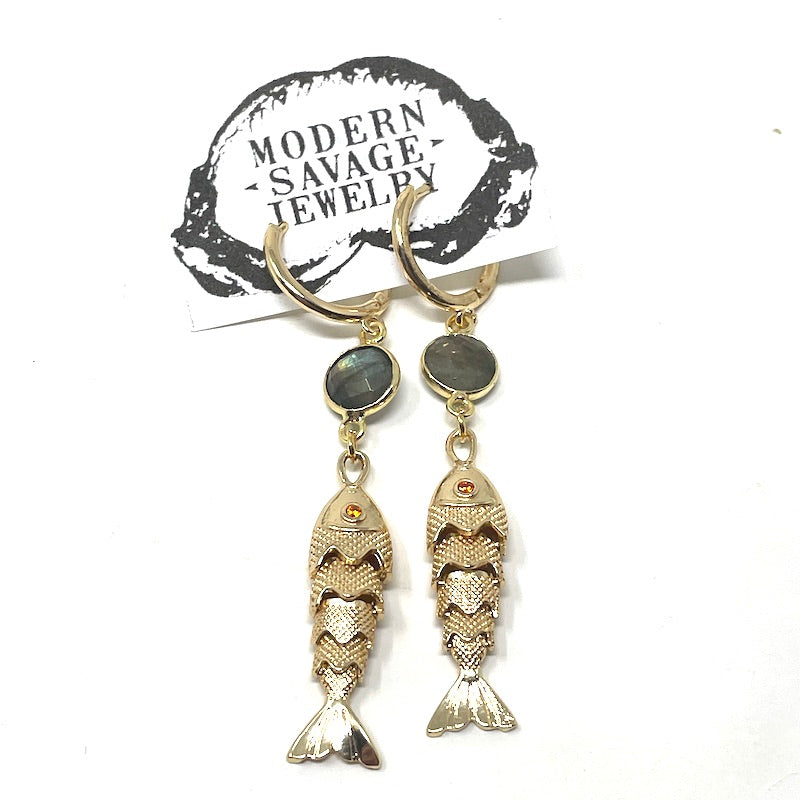 Earrings - Labradorite articulated fish dangles