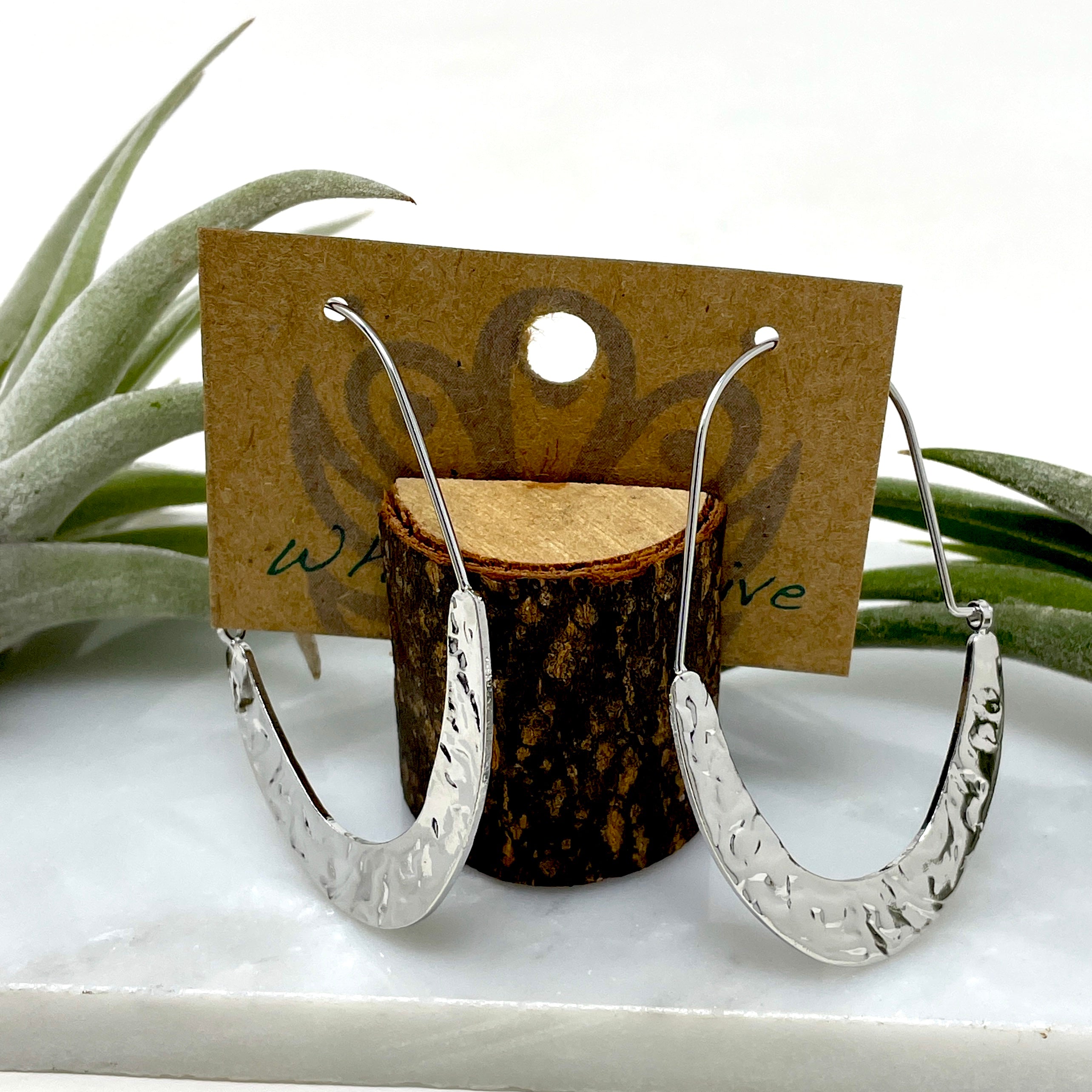 Earrings - Silver Hammered Oval Hoops