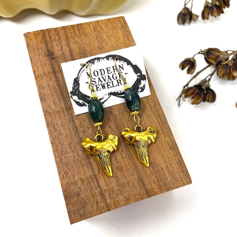 Earrings - Moss Agate + Shark's Tooth