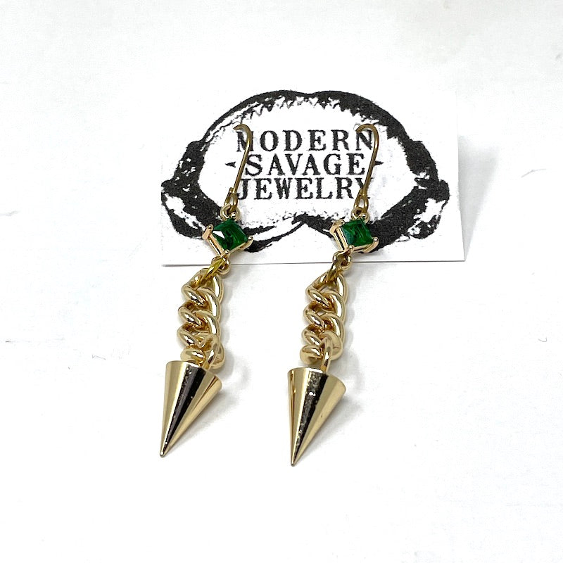 Earrings - Emeralds With Chain and Cone