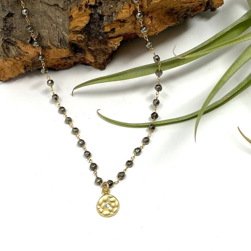 Necklace - Hammered Gold Circle w/Pyrite