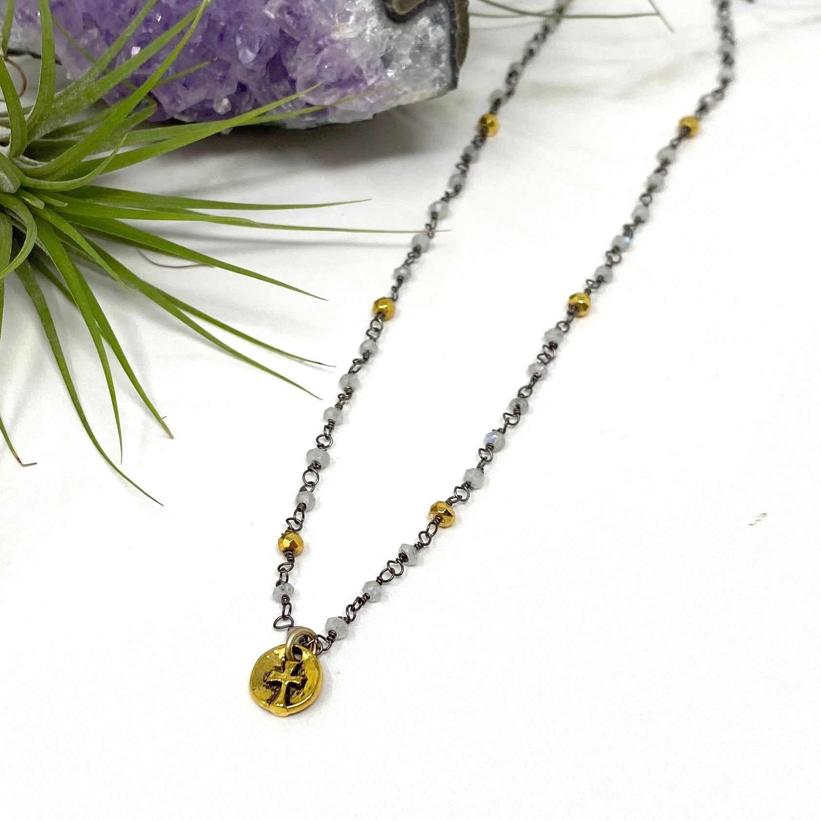 Necklace - Labradorite + Gold Pyrite Cross Choker