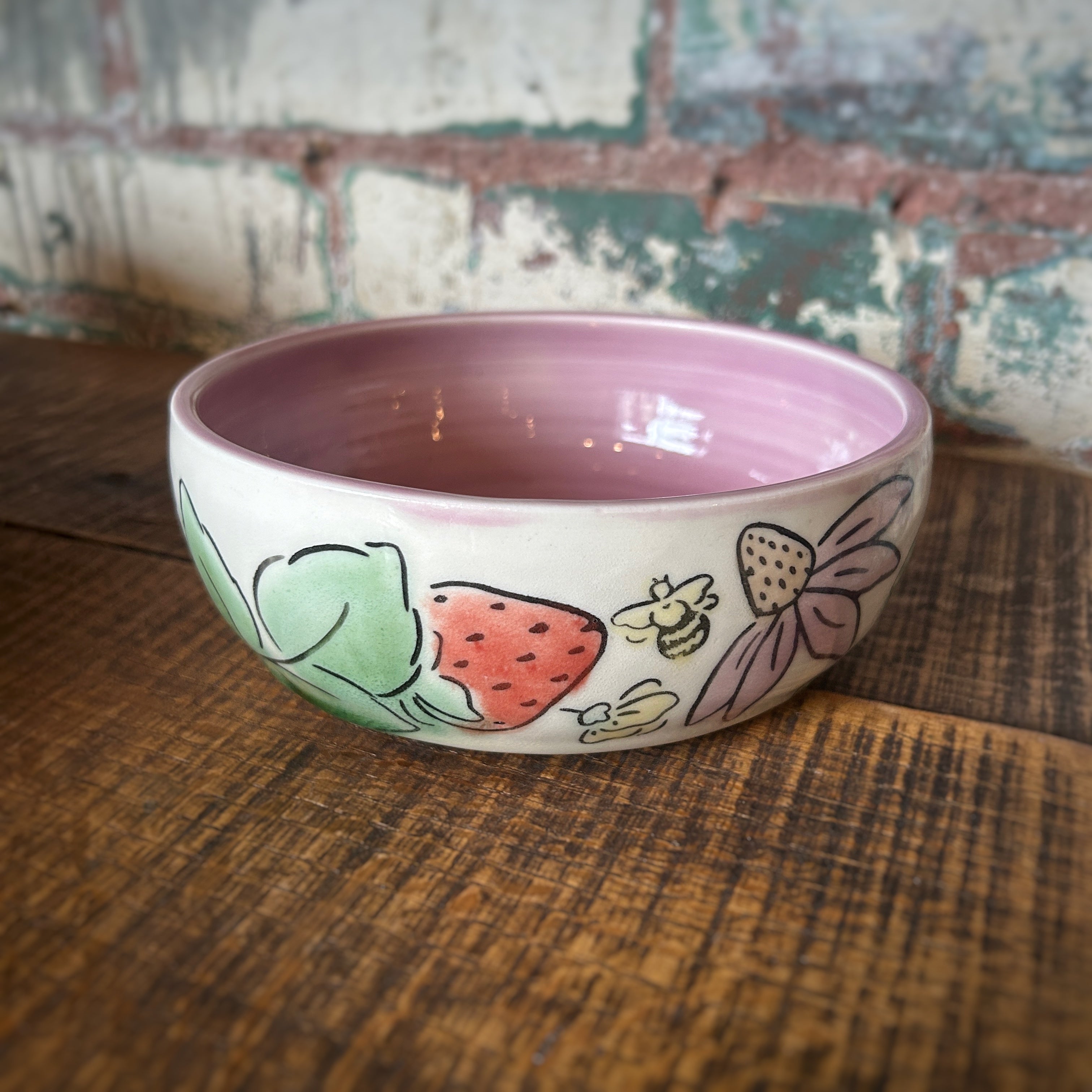 Bowl - strawberries, cone flowers + bee