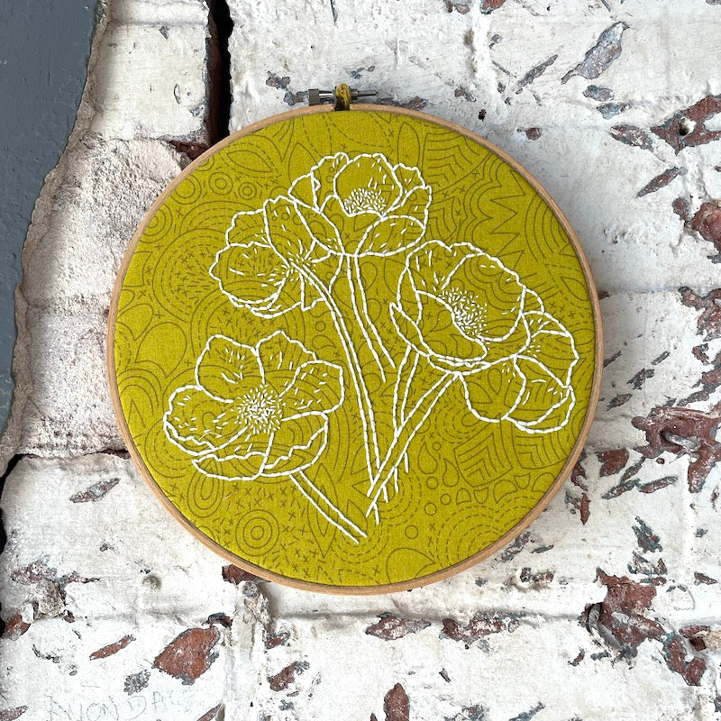 8” Hoop - Poppies on Chartreuse