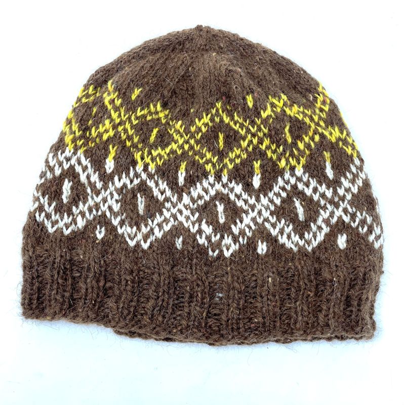 Knit Cap - Brown + Yellow/White Diamonds