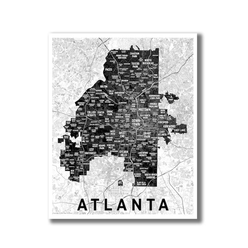 Atlanta Neighborhoods - Black 16x20