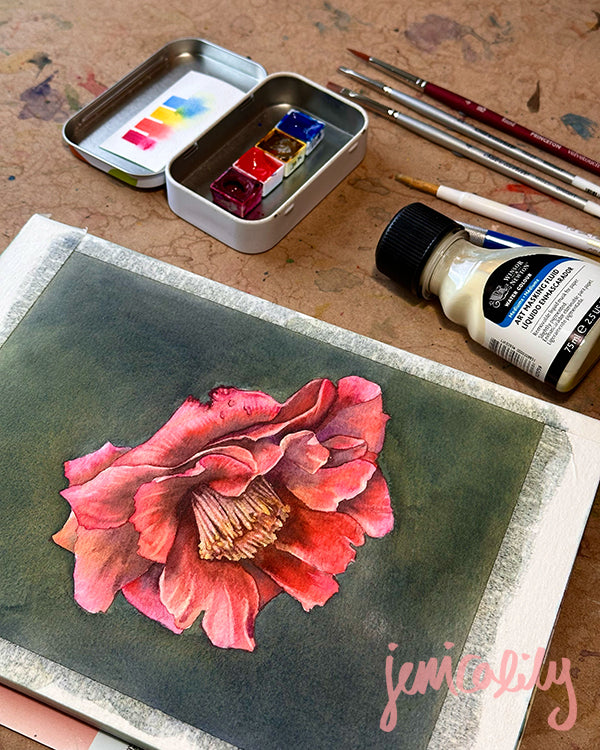Red Camellia in Watercolor - March 1