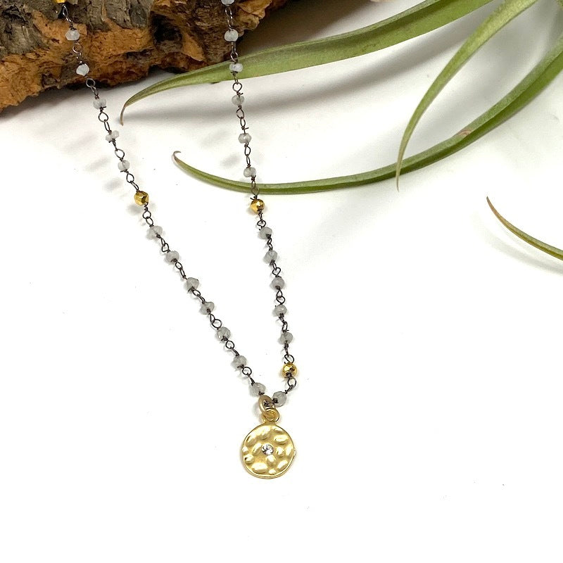 Necklace - Hammered Gold Circle w/Gray Pyrite