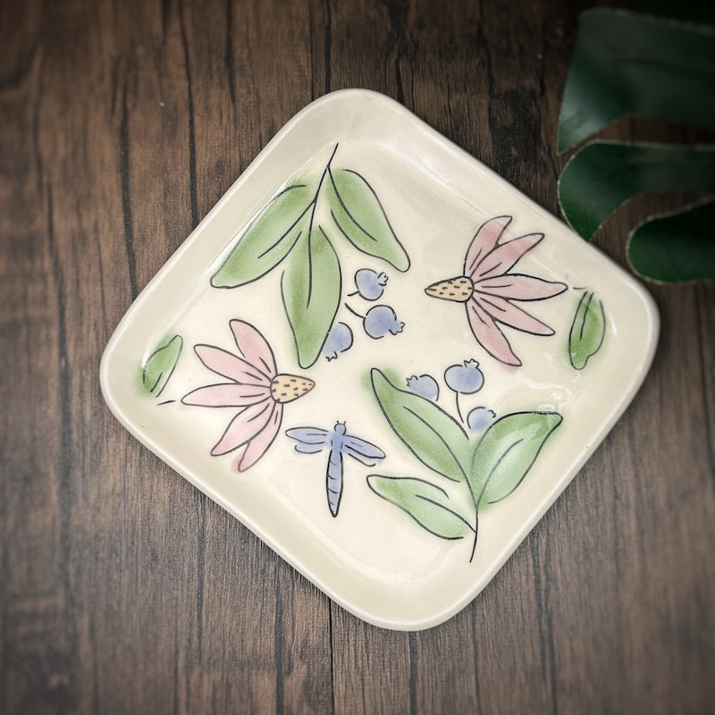 Square Dish -blueberries, coneflower + dragonfly