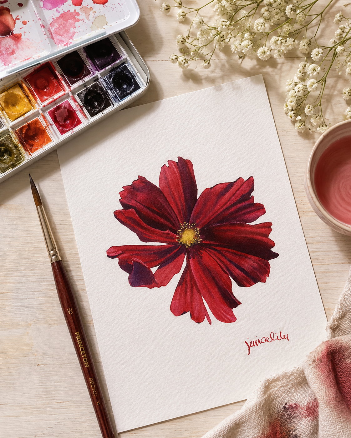 Red Cosmos in Watercolor